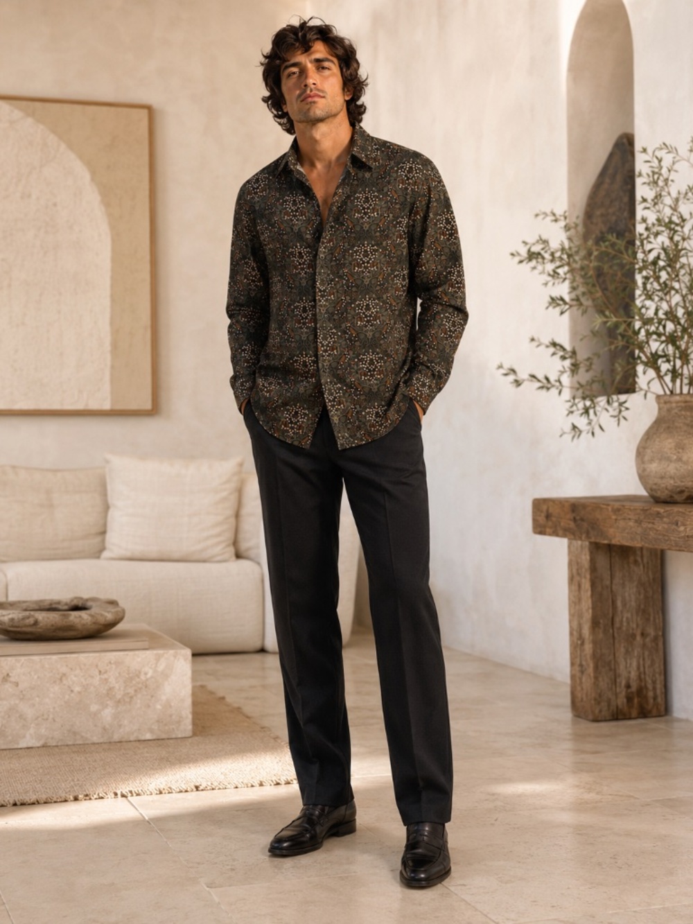Todd Snyder LARGE Green Brown Ornate Cotton Shirt - Picture 2 of 3